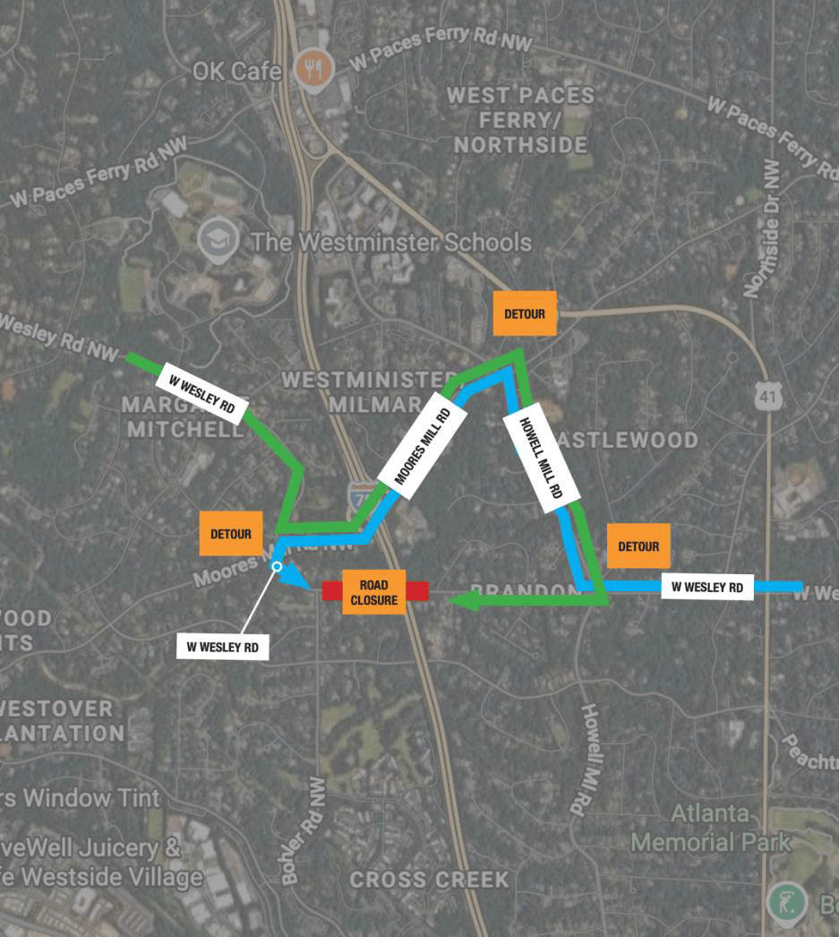 Map for West Wesley Road Scheduled for Continuous 24-Hour Closure
Due to Sewer Main Maintenance