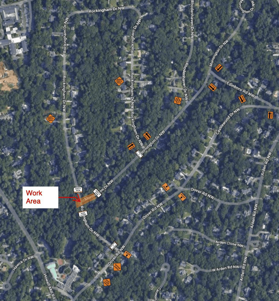 detour map Emergency Road Closure at the Intersection of Rockingham Dr. NW and Mornington Dr. NW Due to Sewer Mainline Work
