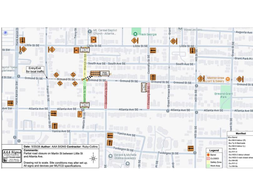 map of detour Martin Street July 6 2026