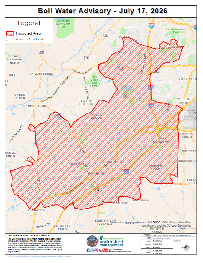 City of Atlanta Department of Watershed Management Issues  Boil Water Advisory for Customers in South Fulton and Fairburn 