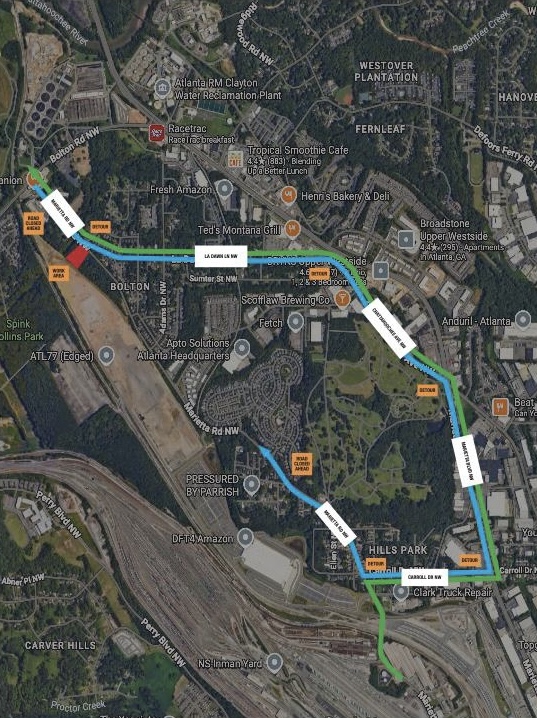 Map of Full Road Closure on Marietta Road
for Sanitary Sewer Main Replacement