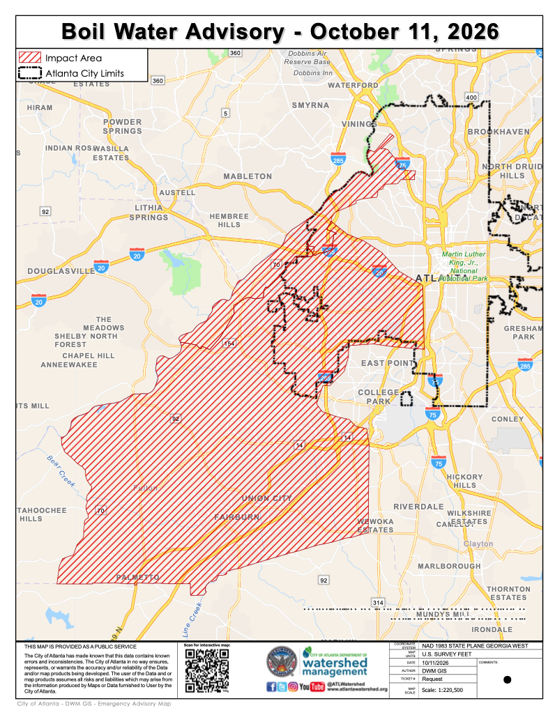 Oct 11, 2026 Boil Water Advisory for Customers in Southwest Atlanta, South Fulton, Fairburn, and Union City